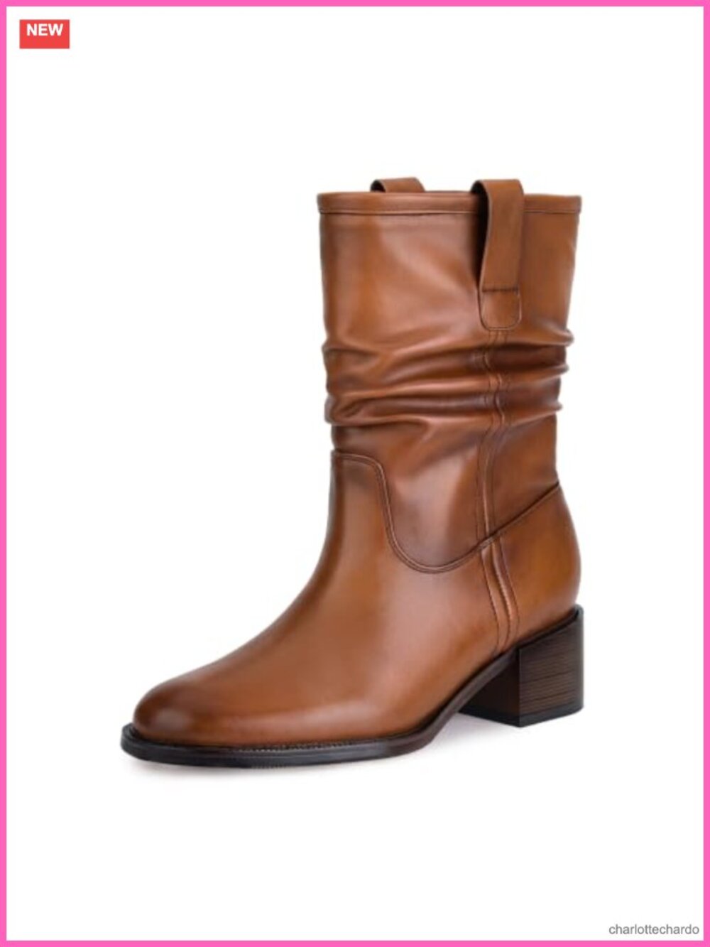 Women Mid Calf Fold Over Slouchy Cowboy Boots Faux Leather Pull On Round Toe 2